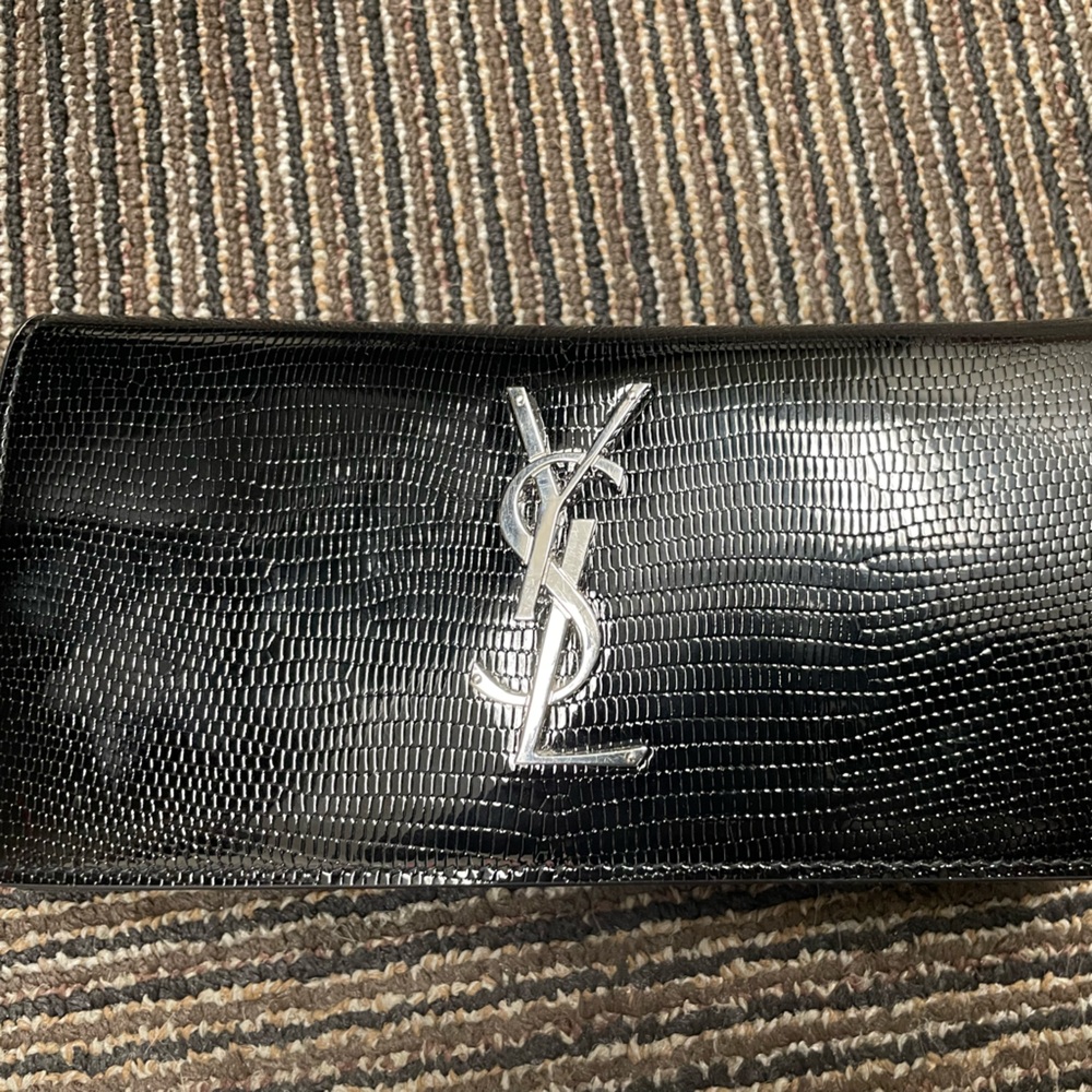 YSL black leather crocodile embossed flap wallet with silver hardware